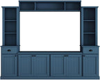 Merax Minimalist 103" Entertainment Wall Unit Set with Overhead Bridge for TVs Up to 75", Modern Large Media Console with Adjustable Shelves, Ample Storage Cabinets & Drawers for Living Room, Blue