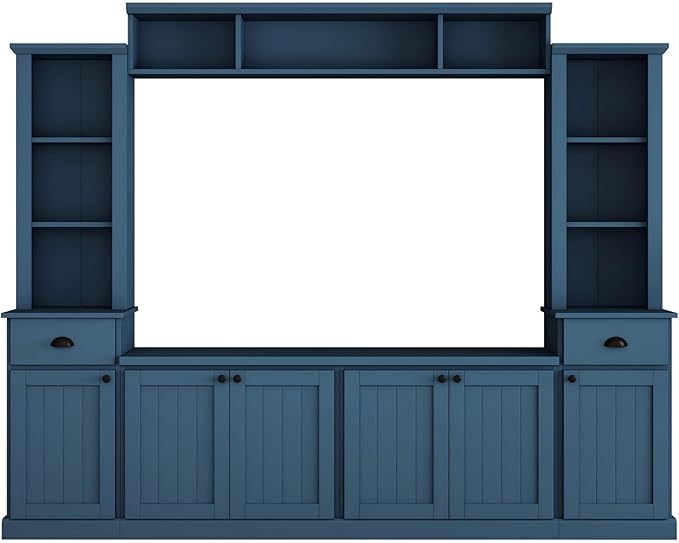 Merax Minimalist 103" Entertainment Wall Unit Set with Overhead Bridge for TVs Up to 75", Modern Large Media Console with Adjustable Shelves, Ample Storage Cabinets & Drawers for Living Room, Blue