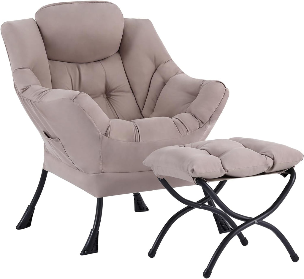 Welnow Lazy Chair with Ottoman, Reading Chair with Footrest，Khaki | A Side Pocket,Armrests,Foldable Footrest,Thick Cushioned Seat & Backrest, Lounge Chair for Bedroom,Living Room & Small Space