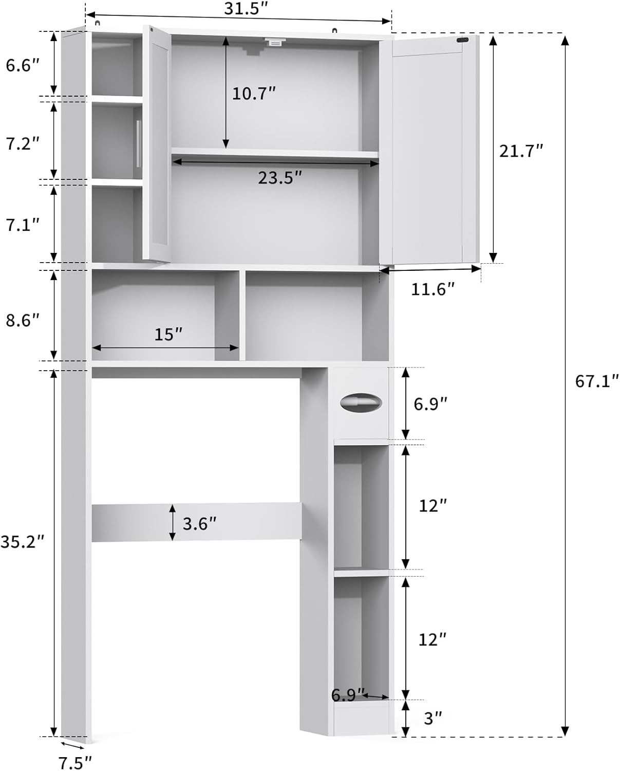 Winkalon Over The Toilet Storage Cabinet with 2 Barn Doors and Adjustable Shelves, Freestanding Toilet Shelf Organizer with Toilet Paper Holder, Space Saver for Bathroom, Restroom, Laundry