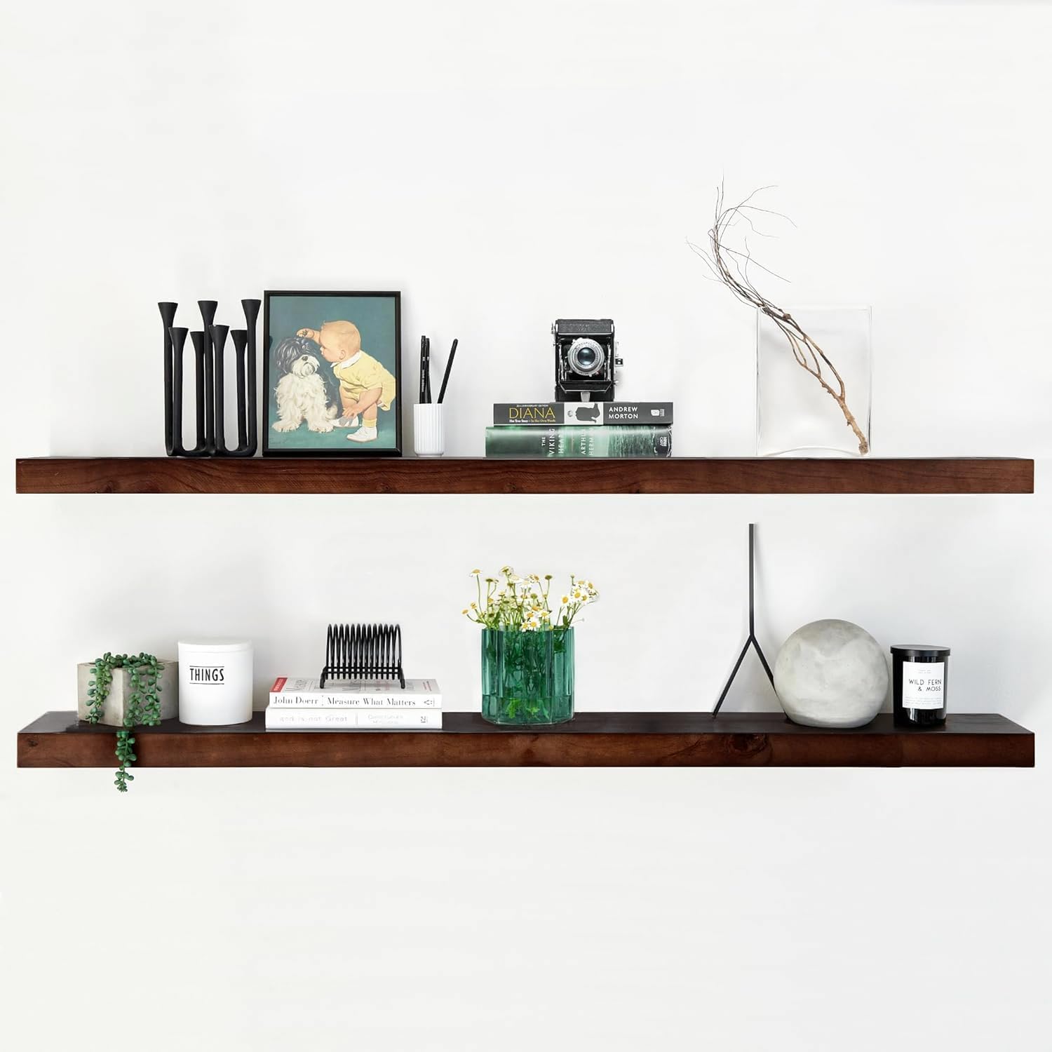 Homeforia Walnut 60 inch Floating Shelf, High End Solid Real Wood 60inch Long Floating Shelf for Wall, Dark Brown Wooden 60in Large Floating Shelves, Heavy Duty Bracket, 60 X 6.5 X 1.75 inch, Set of 3