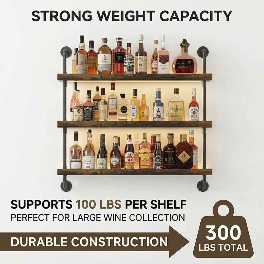 3-Tier Wall Mounted Wine Rack with LED Lights,39.4" | Liquor Bottles Flo...