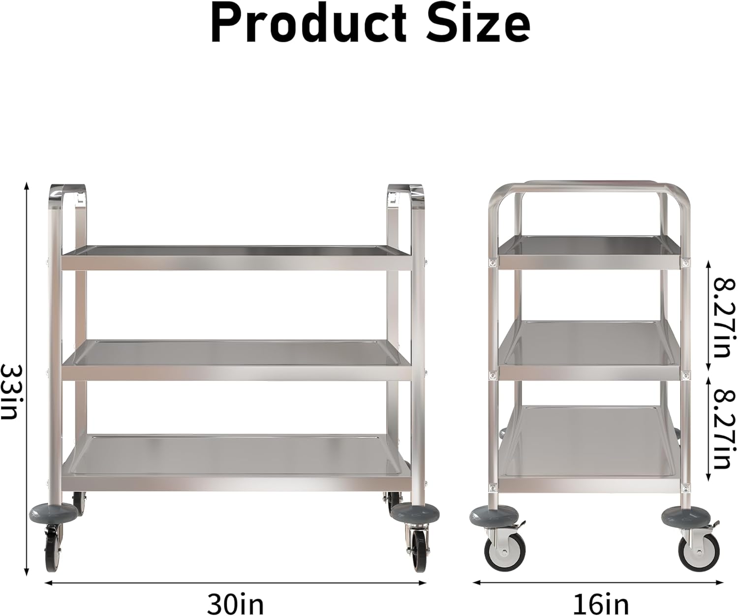 uyoyous 3 Tier Stainless Steel Utility Cart Commercial Serving cart with 360°Rotation Wheels Kitchen Island Load Up 400 lbs Stainless Steel Work Cart for Hotel Restaurant Home 30" L x 16" W x 33" H