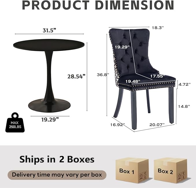3-Pieces 31.5" Round Dining Table Set for 2, Black Dining Table & Velvet Upholstered Dining Chairs Set of 2 for Kitchen Dining Room Apartment Small Space(Quadrangular Star&Black Chairs)