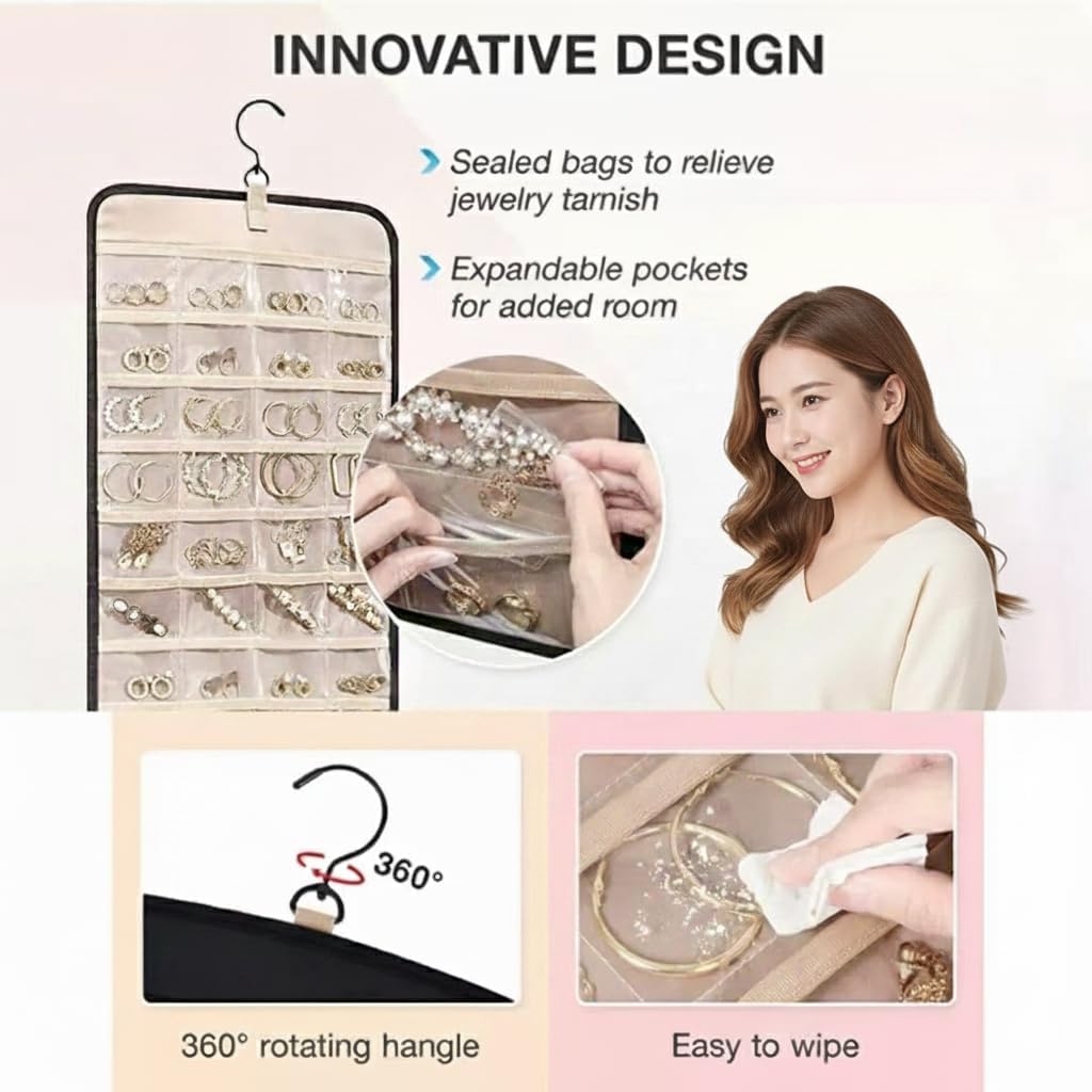 Hanging Jewelry Organizer, Dual-Sided Necklace Holder with Multiple Clear Pockets - Wall Mount & Over The Door Closet Storage for Earrings, Rings, Bracelets - 360° Rotating Hanger (1, Black, XL)