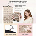 Hanging Jewelry Organizer, Dual-Sided Necklace Holder with Multiple Clear Pockets - Wall Mount & Over The Door Closet Storage for Earrings, Rings, Bracelets - 360° Rotating Hanger (1, Black, XL)