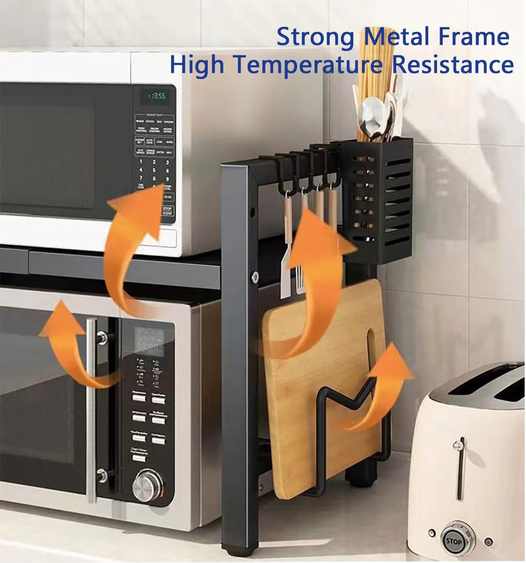 Extendable Microwave Oven Rack, 15.7~24.8" L Expandable Microwave Stand with Storage Shelf Heavy Duty with 6 Hooks and Chopsticks Cutting Board Holder for Kitchen Countertop