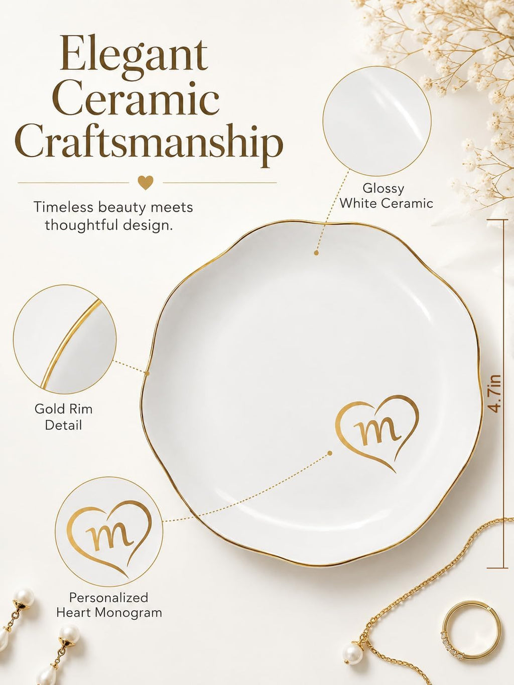 Initial Ceramic Jewelry Dish for Women, Monogram Ring Dish Trinket Tray with Gift Box, Personalized Jewelry Holder for Rings Earrings Necklaces, Birthday Mother’s Day Bridesmaid Gift (m)