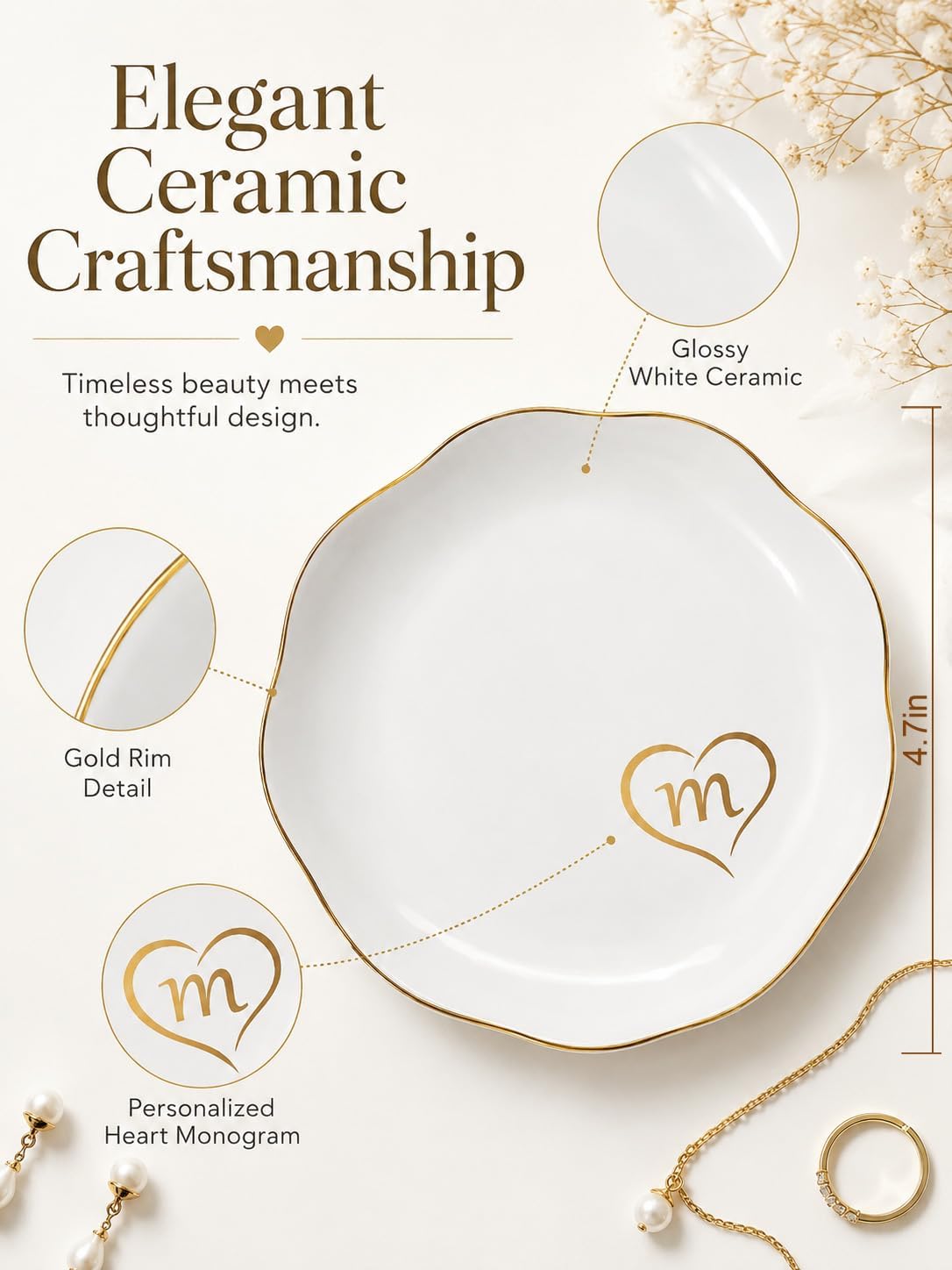 Initial Ceramic Jewelry Dish for Women, Monogram Ring Dish Trinket Tray with Gift Box, Personalized Jewelry Holder for Rings Earrings Necklaces, Birthday Mother’s Day Bridesmaid Gift (m)