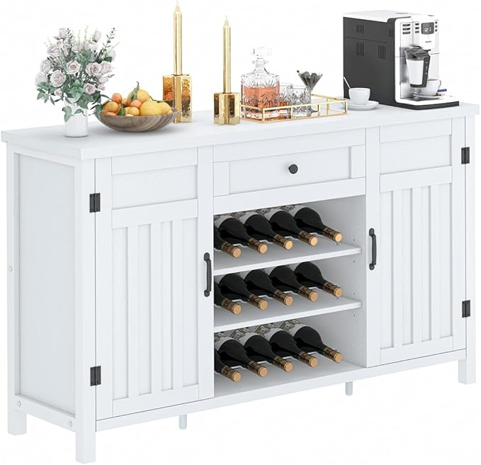 FATORRI Buffet Cabinet with Storage, Modern Coffee Bar Cabinet for Home Liquor, Sideboard Buffet Cabinets with Wine Rack, Kitchen Storage Cupboard with Drawer (White Oak)