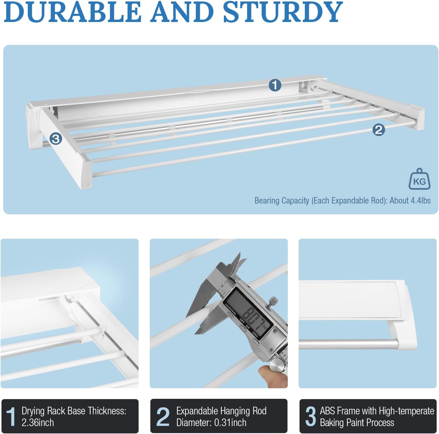Wall Mounted Drying Rack, Foldable Wall Mount Laundry Rack Folding Indoor Drying Rack Clothing Collapsible with 4 Moveable Hooks and 7 Aluminum Drying Rods for Indoor Outdoor Hanging Clothes