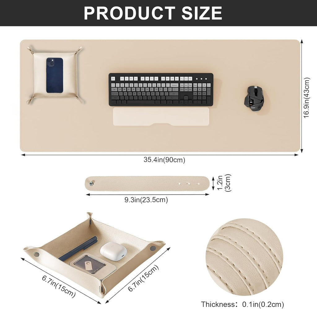 DAWNTREES Dual Sided Desk Mat,Leather Desk Pad,35.5"x17",Cork Desk Mat Protector,with PU Leather Valet Tray Organizer,Large Mouse Pad,Desk Writing Pad for Office and Home(Khaki)