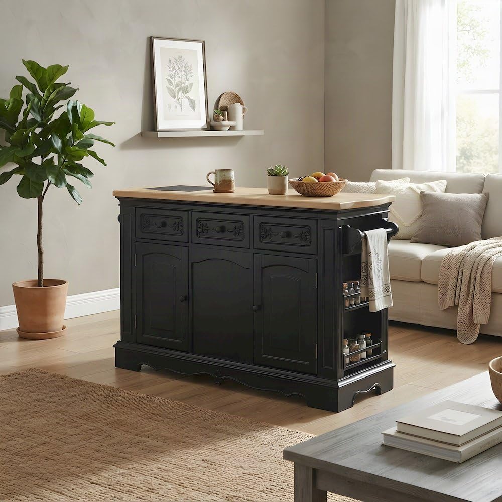 Furnifact Acacia Butcher Block Kitchen Island with Drawers and Adjustable She...