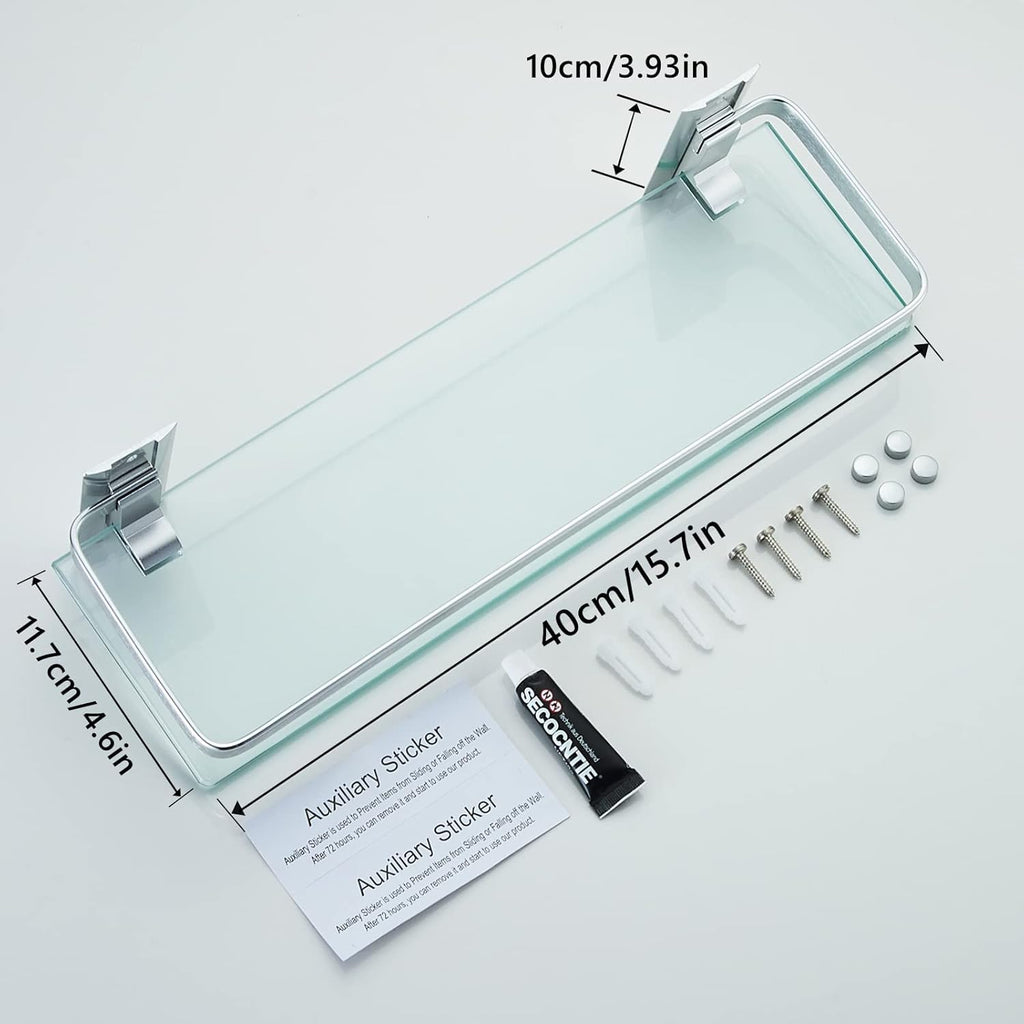 AIJALY 2 Pack Bathroom Glass Shelf,15.7 Inches Silver Bathroom Shower Glass Shelf Wall-Mounted, Metal Storage Floating Kitchen Shelf