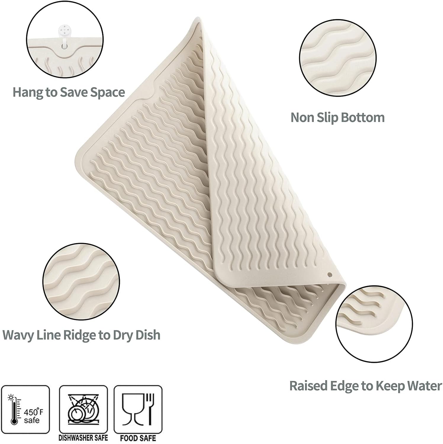 Silicone Dish Drying Mat for Multiple Usage,Easy clean,Eco-friendly,Heat-resistant Silicone Mat for Kitchen Counter or Sink,Refrigerator or drawer liner Tapioca L 16 inches x 12 inches