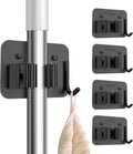 nacena Broom Holder Wall Mount, 4 Packs Black Stainless Steel Mop and Broom Hanger with Hooks Heavy Duty Broom and Mop Organizer Wall Hanging for Bathroom