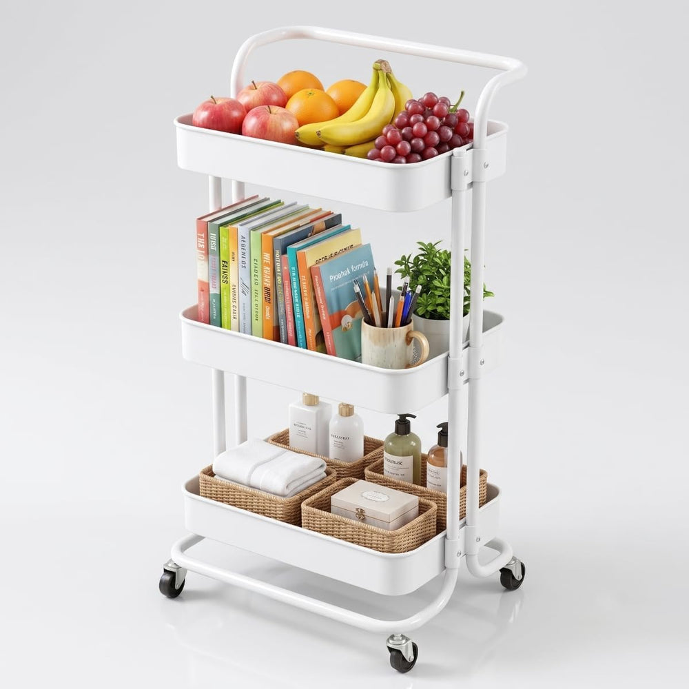 3 Tier Rolling Cart with Wheels, Metal Utility Cart Organizer with Handle for...