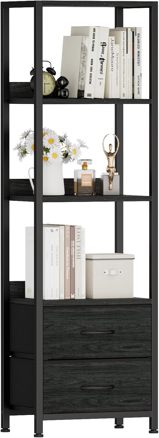 Furnulem 4 Tier Corner Shelf,Black Narrow Bookshelf with 2 Storage Drawers