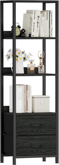 Furnulem 4-Tier Corner Shelf, Bookshelf with 2 Storage Drawers, 57.28”Tall Narrow Bookcase, Standing Shelf Organizer Unit for Living Room, Bedroom, Metal Frame, Wood Display Shelf