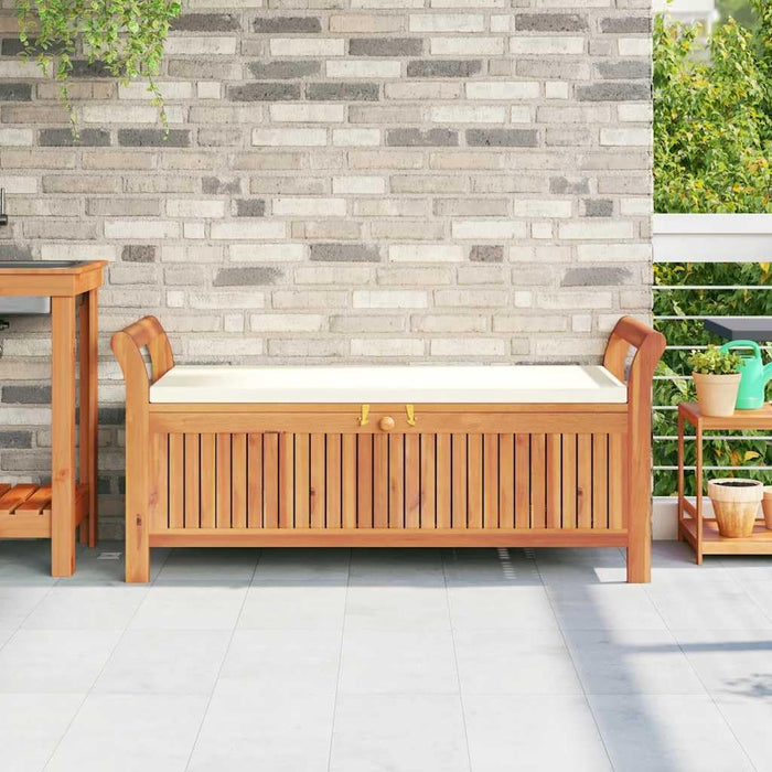 Outdoor Storage Bench with Cream Cushion, 49.6 Inch Acacia Wood Garden Seating with Under Seat Storage, Weather-Resistant Patio Entryway Furniture for Backyard Deck