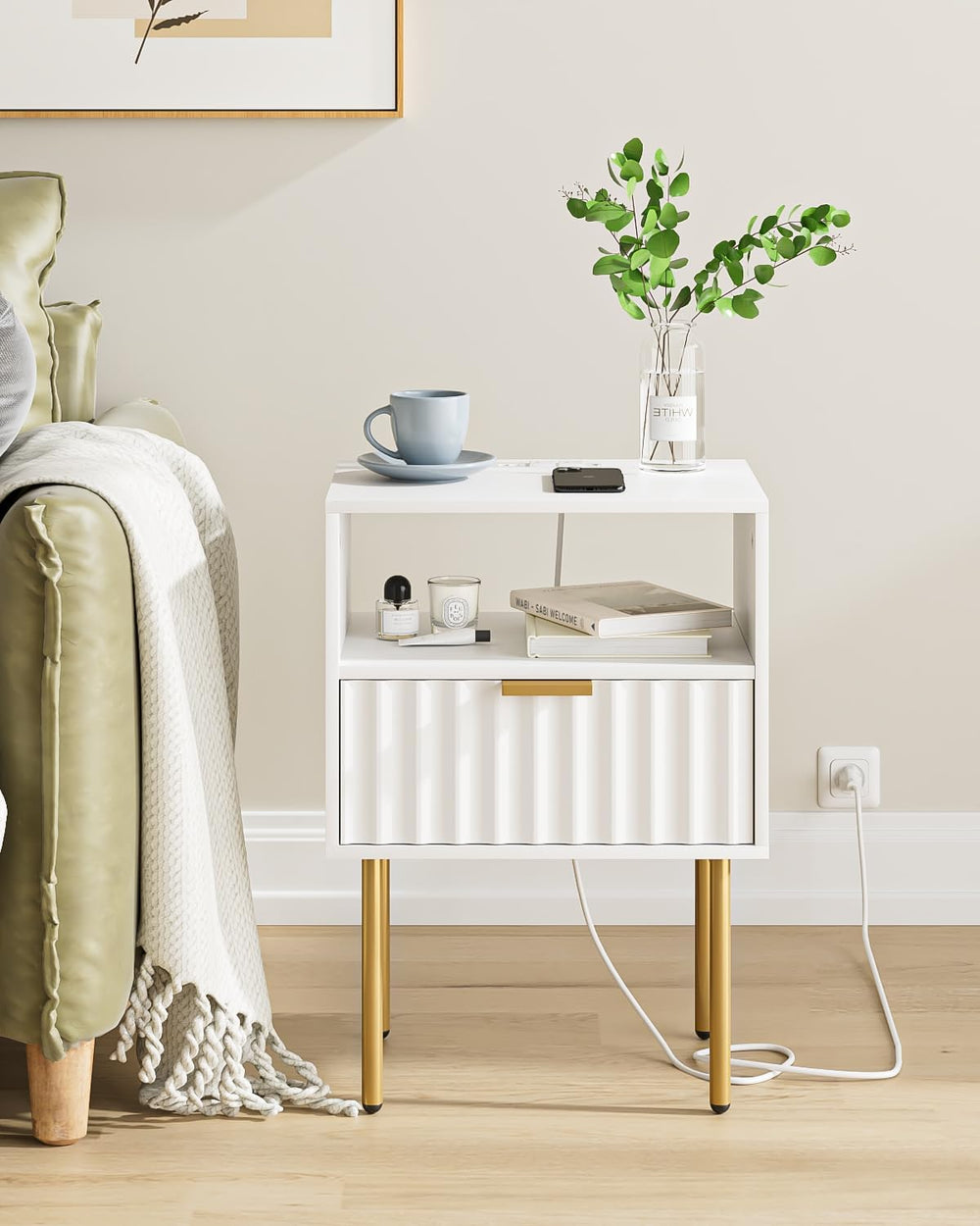 Masupu Nightstand with Charging Station,Mid-Century Modern Bedside Table with...