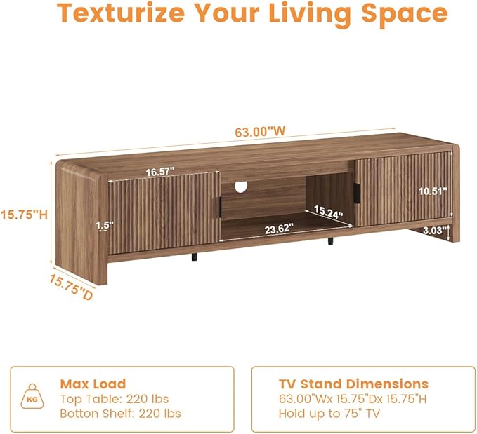 FATORRI TV Stand for 75/65/55 Inch TVs, Farmhouse Entertainment Center with Storage, Wood Waveform Fluted-Door Television Media Console for Living Room,Bedroom (63" W, Walnut)