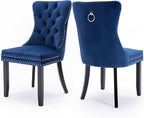Velvet Upholstered Dining Chairs Set of 2, Modern Style Kitchen Side Chairs with Nailhead Trim and Wood Legs,Metal Pulling Ring for Dining Room Living Room(Blue,Set of 2)
