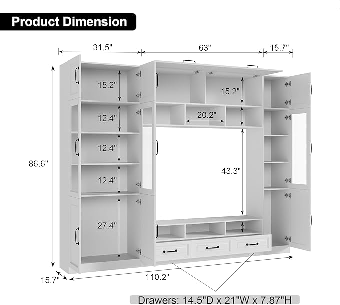 110.2" Entertainment Center Wall Unit with Glass Doors & Drawers, Large Wall Unit TV Stand for TVs up to 70", Media Console Table for Living Room, Can be Split into 4 Separate Cabinet, White