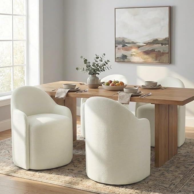 Upholstered Dining Chairs with Casters, No Assembly Modern Dining Room Chairs Accent Vanity Chair with 5 Wheels & Round Backrest for Bedroom, Living Room, Dressing, Linen Fabric, Set of 1