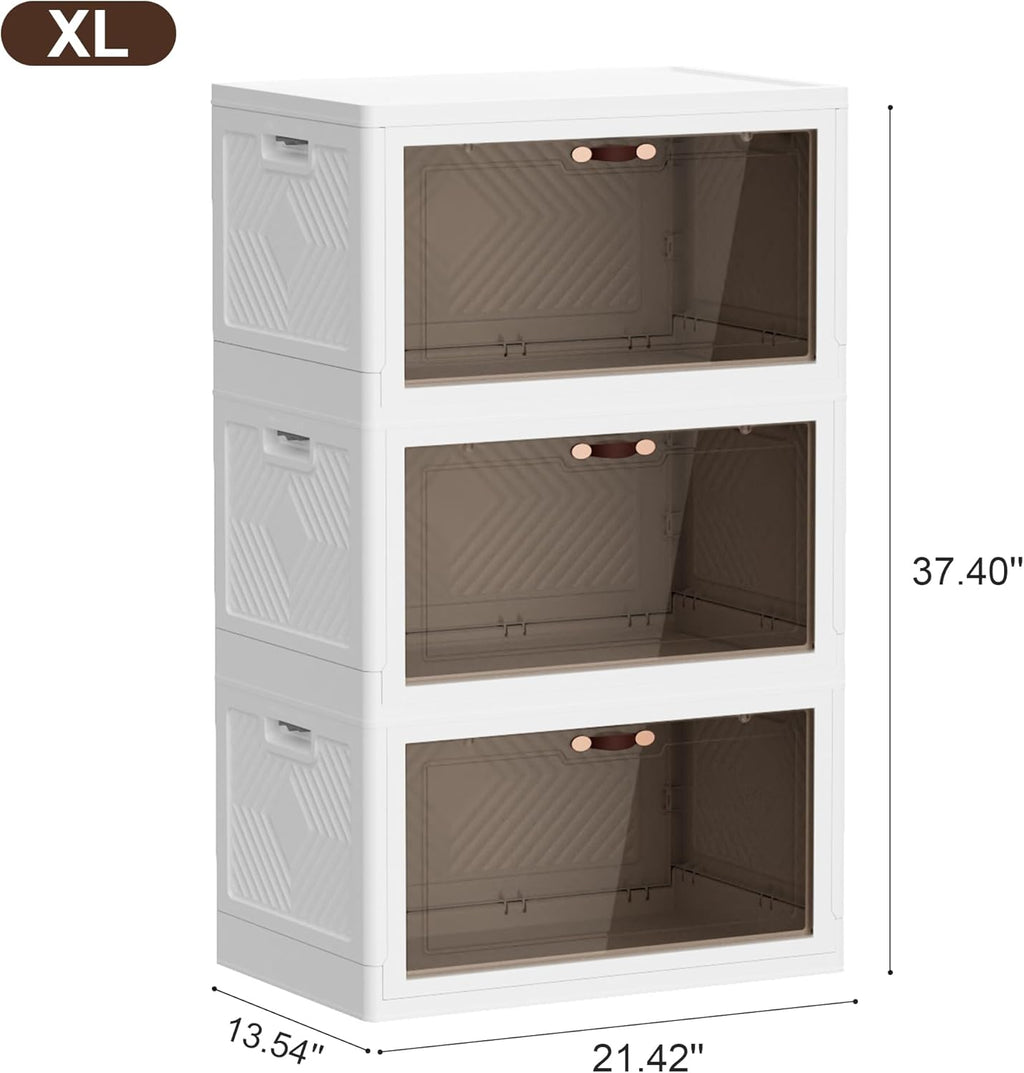 JOYMOOP Folding Storage Bins Organizer, 148.8 Quart Collapsible Storage Boxes with Wheels and Door, Stackble Plastic Storage Container for Clothing, Books and Sundries (XL, 12.4 Gal Per, 3 Tiers)