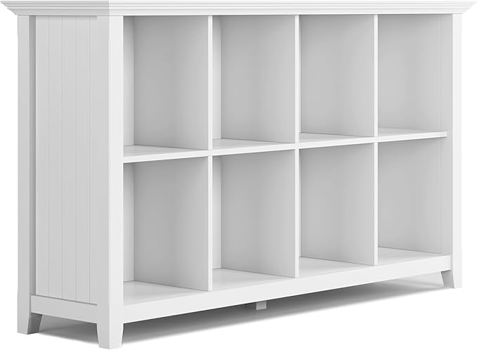 SIMPLIHOME Acadian Console Table - 57 Inch Wide Solid Wood 8-Cube Storage Sofa Table in White, Transitional Storage Unit for Living Room or Bedroom with Grooved Side Panels and Tapered Legs
