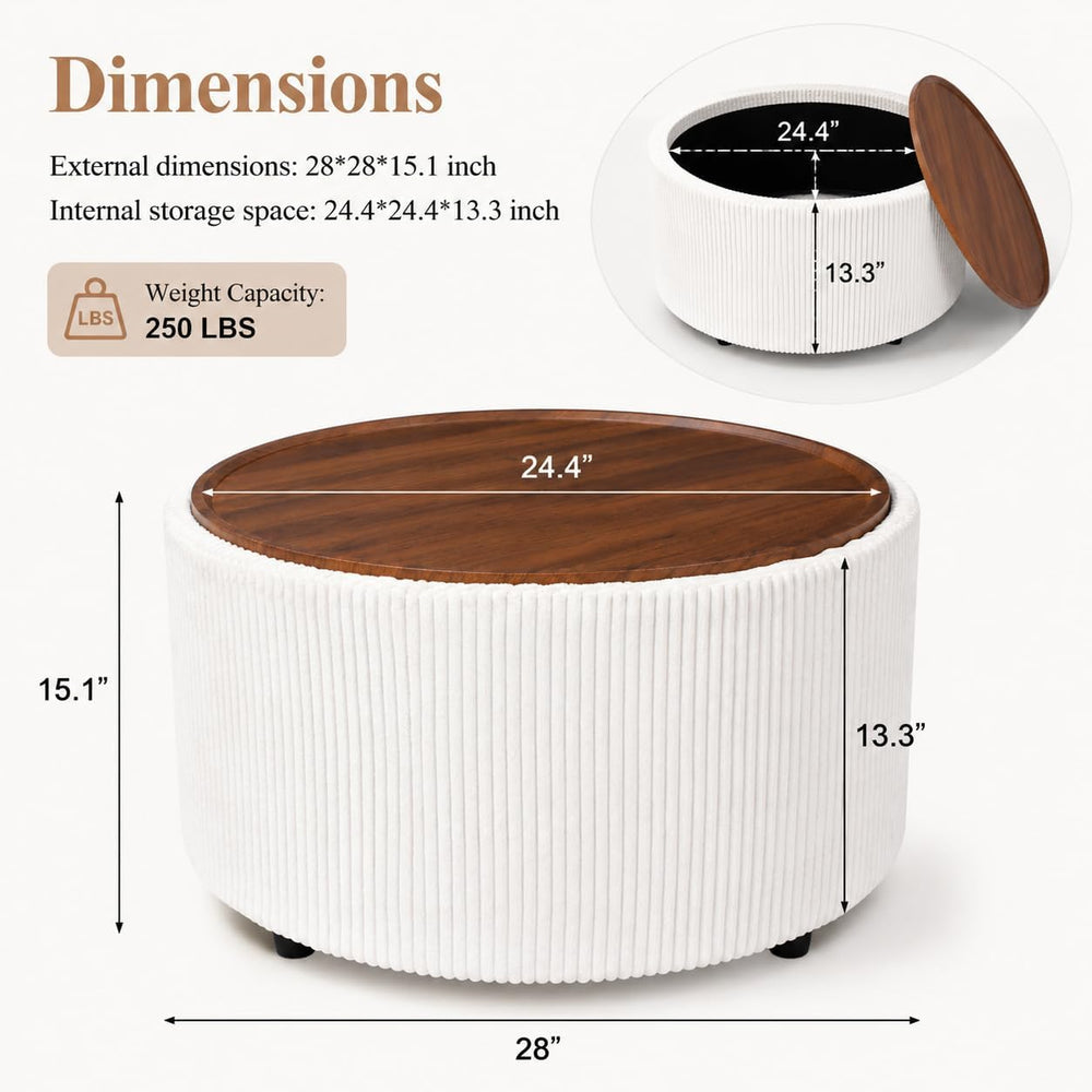 28” Round Storage Ottoman, Ottoman Coffee Table with Tray, Corduroy | Modern ...