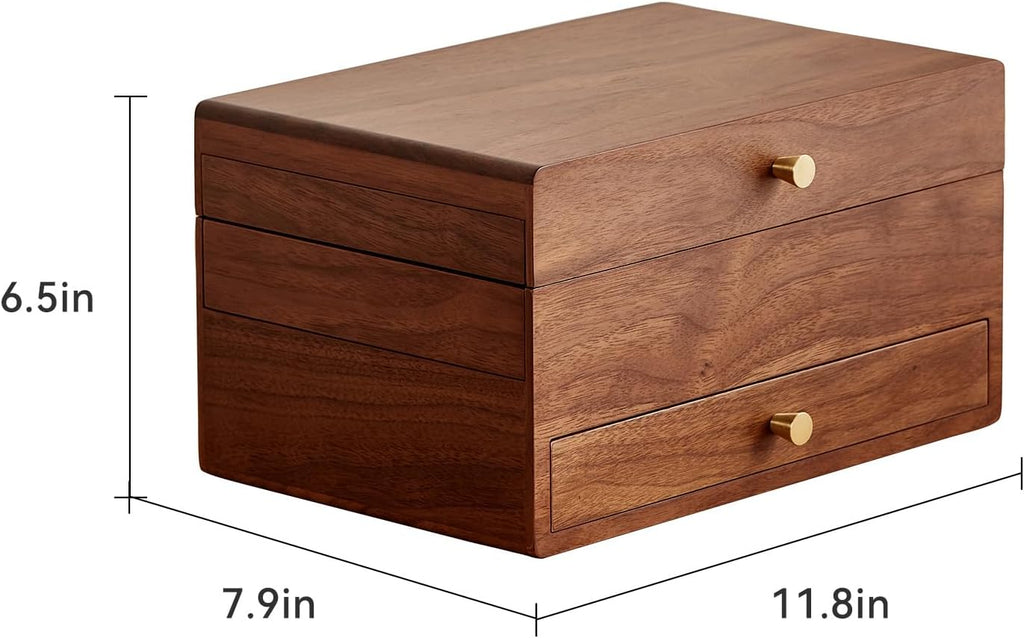 Wooden Jewelry Box for Women, 3 Level Multi-functional Drawers Black Walnut Jewelry Organizer Box, Watch, Necklace, Ring, Earring Storage Gifts(With Mirror B)