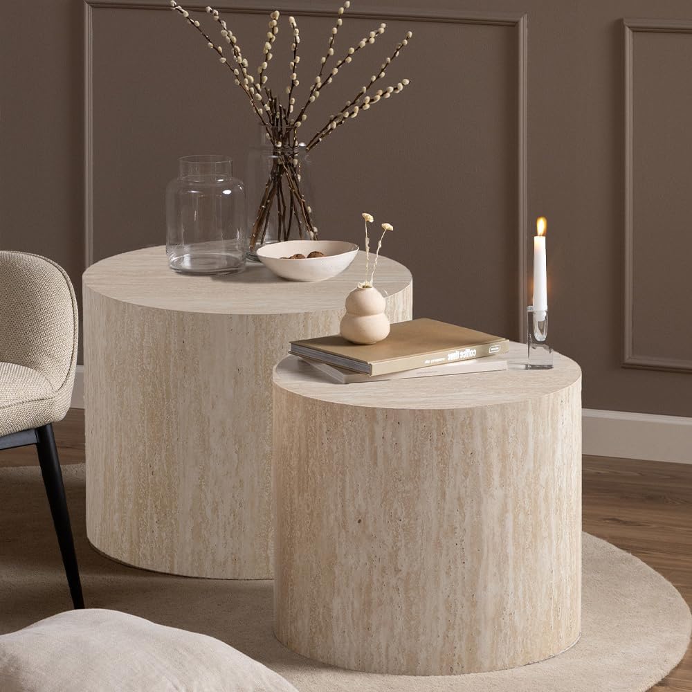 18" Round Travertine Nesting Coffee Table Set of 2 (Travertine) | for Li...