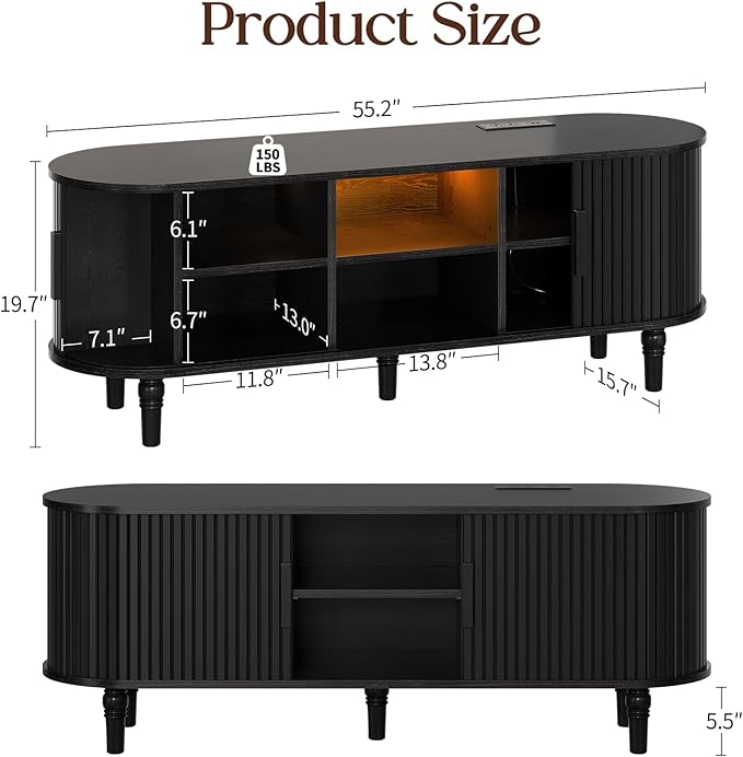 TV Console with Power Outlet-55" Entertainment Center with Sliding Tambour Door, Modern TV Stands for Living Room Bedroom, LED Media Stand with Storage Cabinet and Adjustable Shelves, Black
