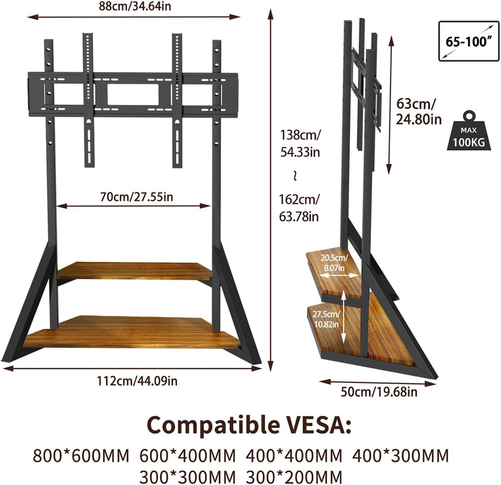 Mobile TV Stand for 65-100 Inch TVs, Holds Up to 220 lbs,Walnut | Height Adju...