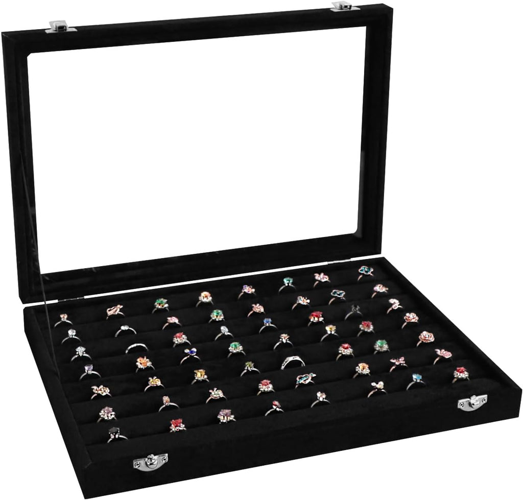 Wudygirl 7 Slot Ring Holder Organizer Display Tray for Rings And Jewelry Storage Velvet Ring Box with Multiple Slots Rings Organizer and Jewelry Showcase (Black Velvet)