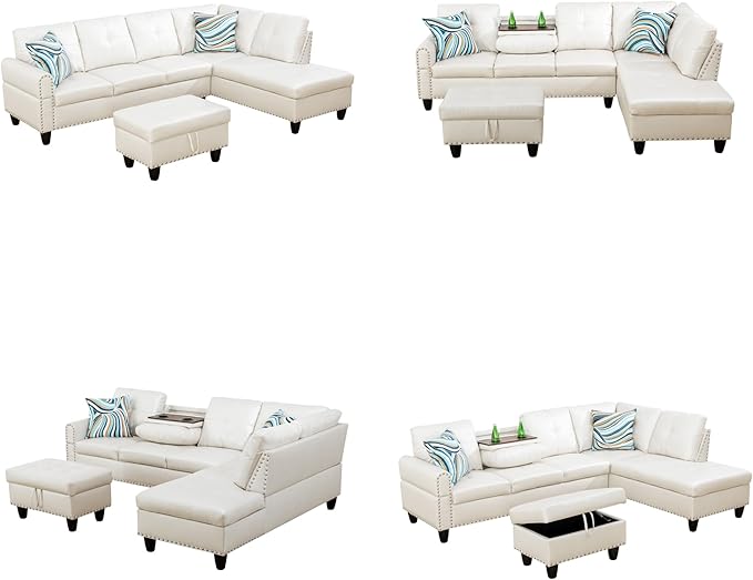 Sectional Couches for Living Room with Movable Chaise & Storage Ottoman - 97.5" Leather L Shaped Couches for Living Room Apartment, Home Modular Sectional Sofas with Cup Holder, White