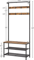 YATINEY Hall Tree, Coat Rack with Shoe Bench, 4-in-1 Entryway Bench with Storage Shelves, Hanging Rod and 8 Movable Hooks, Hall Tree with Storage Bench for Hallway, Rustic Brown and Black MT02BR