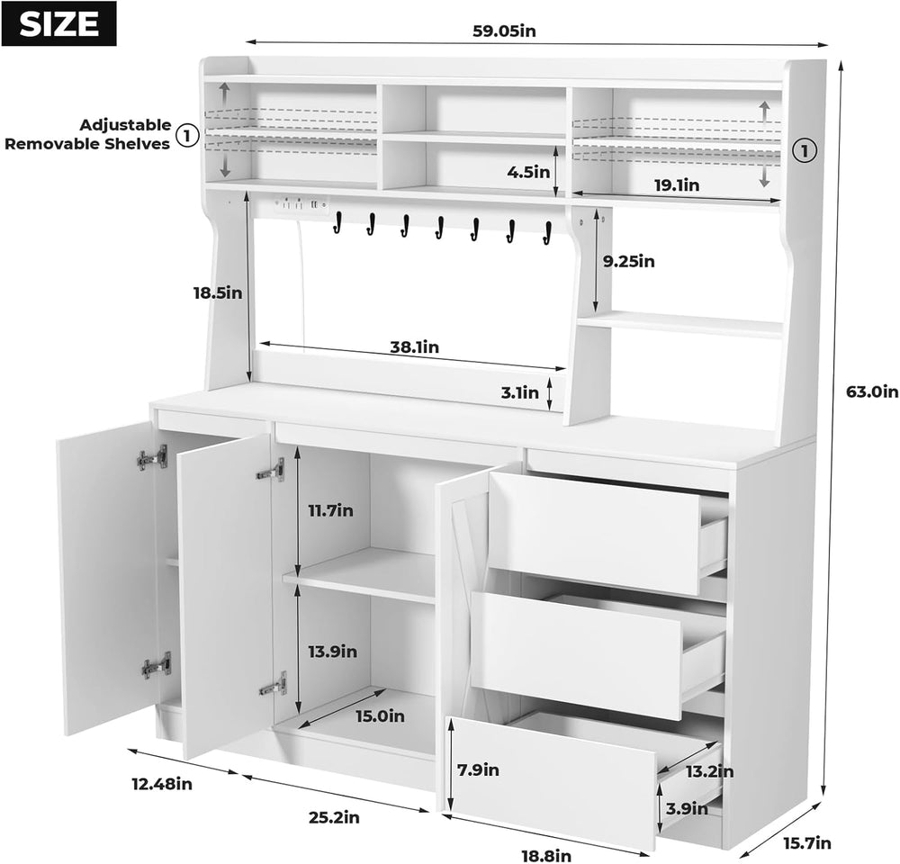 Gyfimoie Farmhouse Kitchen Pantry Cabinet with Power Outlet & LED Light, ...