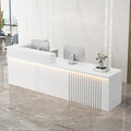 Receptionist Desk with LED Light，Wooden Salon Checkout Counter with Storage Drawer & Keyboard Tray Modern L-Shaped Reception Desk for Barbershop Office Company Store