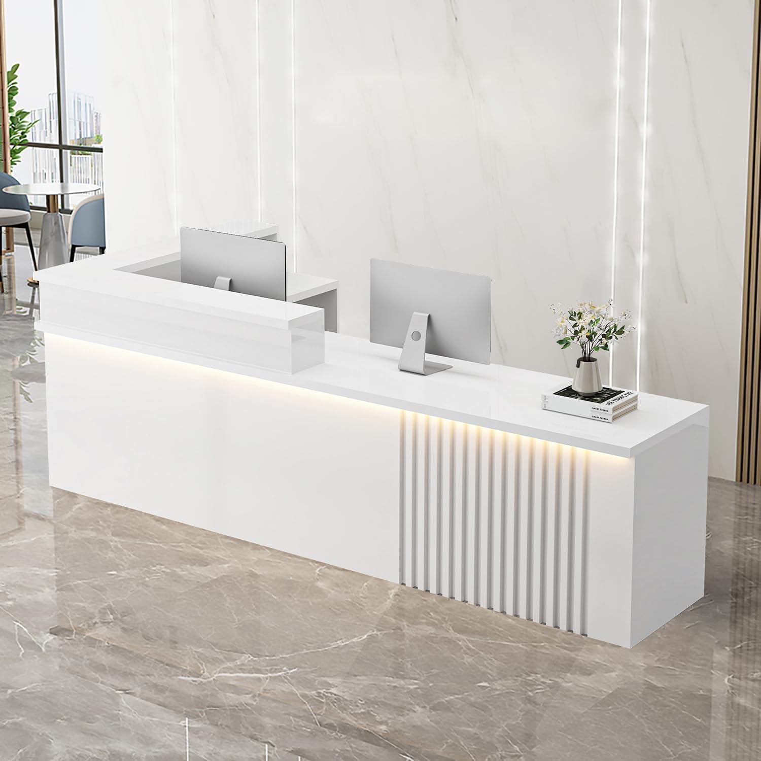 Receptionist Desk with LED Light，Wooden Salon Checkout Counter with Storage Drawer & Keyboard Tray Modern L-Shaped Reception Desk for Barbershop Office Company Store