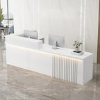 Receptionist Desk with LED Light，Wooden Salon Checkout Counter with Storage Drawer & Keyboard Tray Modern L-Shaped Reception Desk for Barbershop Office Company Store