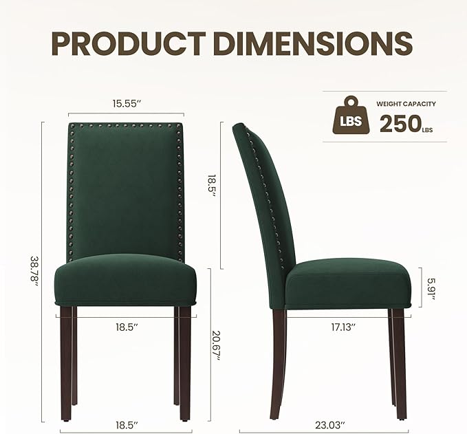 COLAMY Green Velvet Dining Chairs Set of 2 – Upholstered Kitchen & Dining Room Chairs with Nailhead Trim, Soft High-Density Cushion and Solid Wood Legs for Dining Room, Kitchen, Living Room