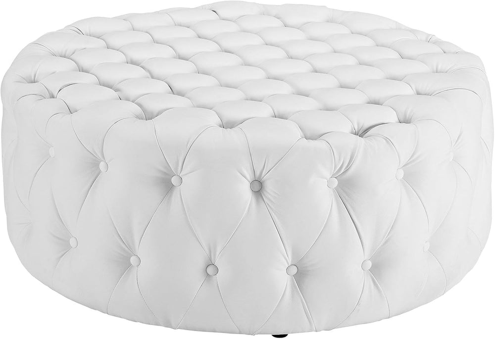 Modway Amour Faux Leather Button-Tufted Round Ottoman in White