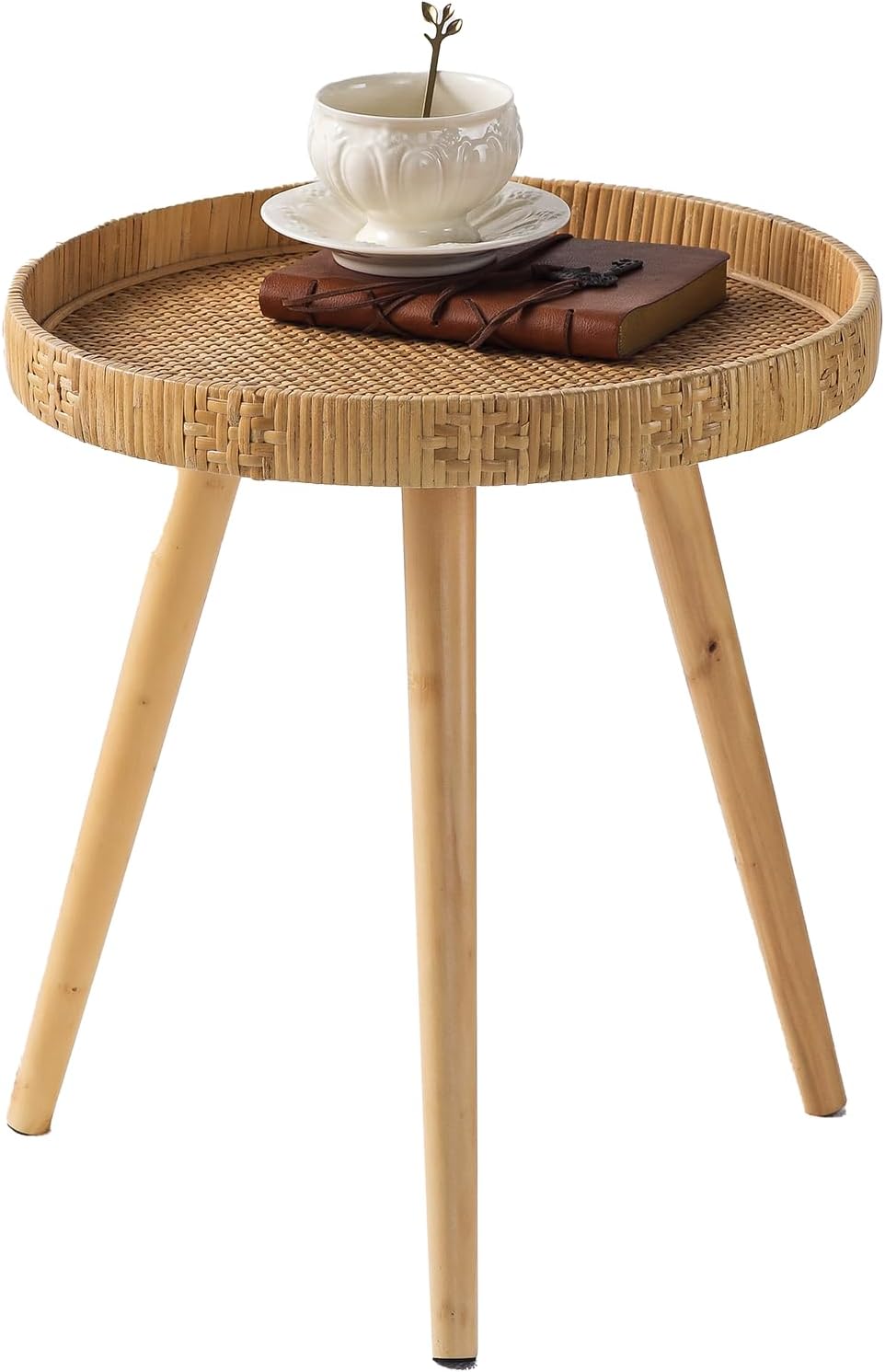 Round Side Table, Boho Circle End Table Coffee Table with Solid Wood Leg, Rat...