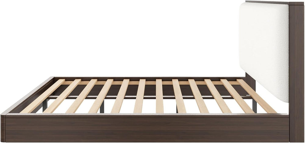Queen Size Walnut Wood Platform Bed Frame with Soft Cloud Headboard