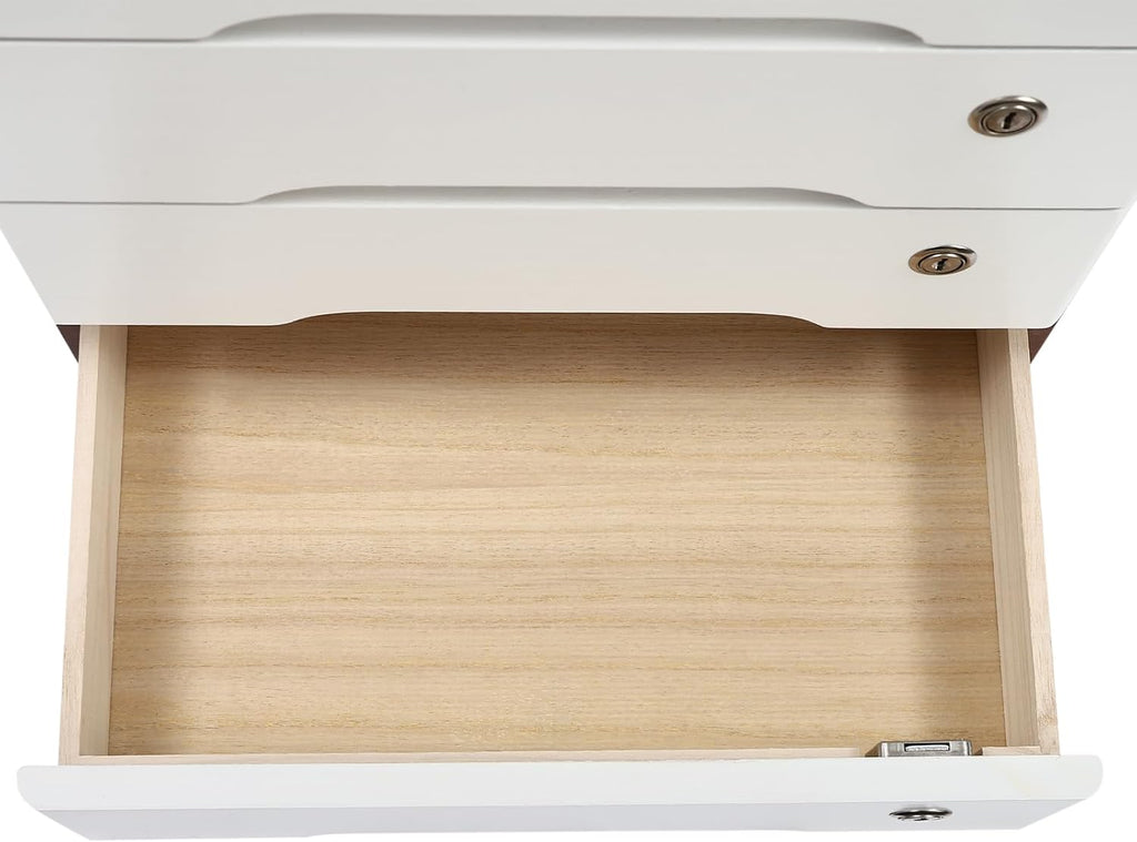 4-Tier Desktop Storage Box with Lockable Drawer, Wooden Desk Organizer for Office Supplies, Flat File Cabinet, Minimalist Design for Home & Office Use(Walnut+White)