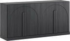 BELLEZE Bijou 64" Modern Buffet Sideboard, Mid-Century Arch Carved Wood Door Cabinet, Textured Storage Console for Living Room, Kitchen, Entryway - Ebony