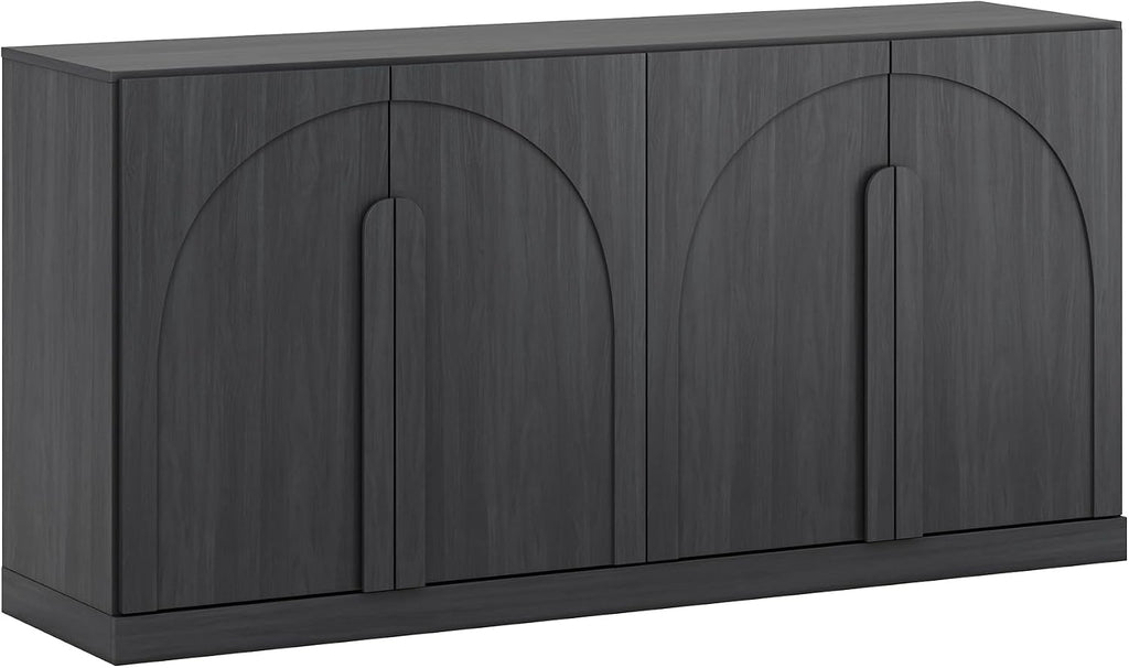 BELLEZE Bijou 64" Modern Buffet Sideboard, Mid-Century Arch Carved Wood Door Cabinet, Textured Storage Console for Living Room, Kitchen, Entryway - Ebony